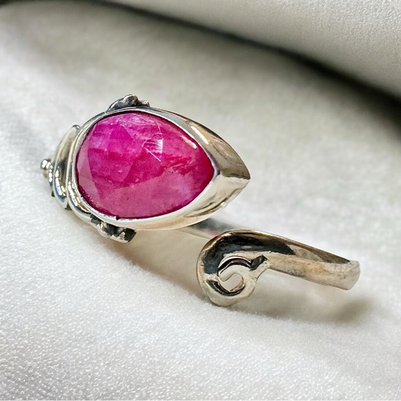 SOLD Raw Faceted Ruby Sterling Silver Bypass Ring (9-10) - Picture 5 of 7